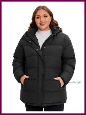 Plus Size Hooded Puffer Winter Coat Water Repellent Down Alternative Jacket